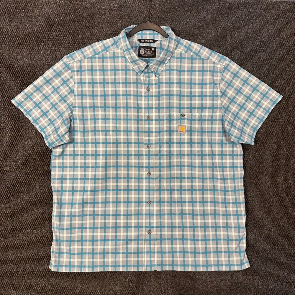 Carhartt Force Sun Defender Shirt Mens 2XL Relaxed Fit Blue Plaid Vented Hiking